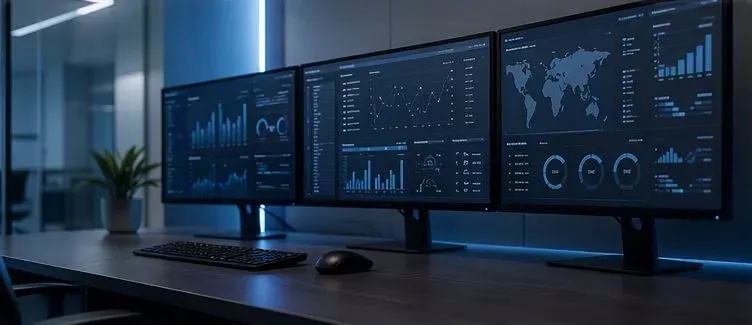 Drie beeldschermen met securitydashboards voor monitoring en detectie van dreigingen