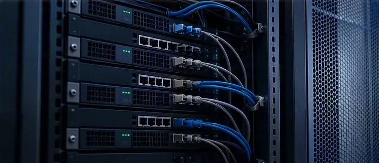 Netwerkapparatuur met aangesloten kabels in een serverrack van een datacenter