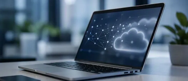 Laptop op een bureau met een cloudvisualisatie en netwerkverbindingen op het scherm
